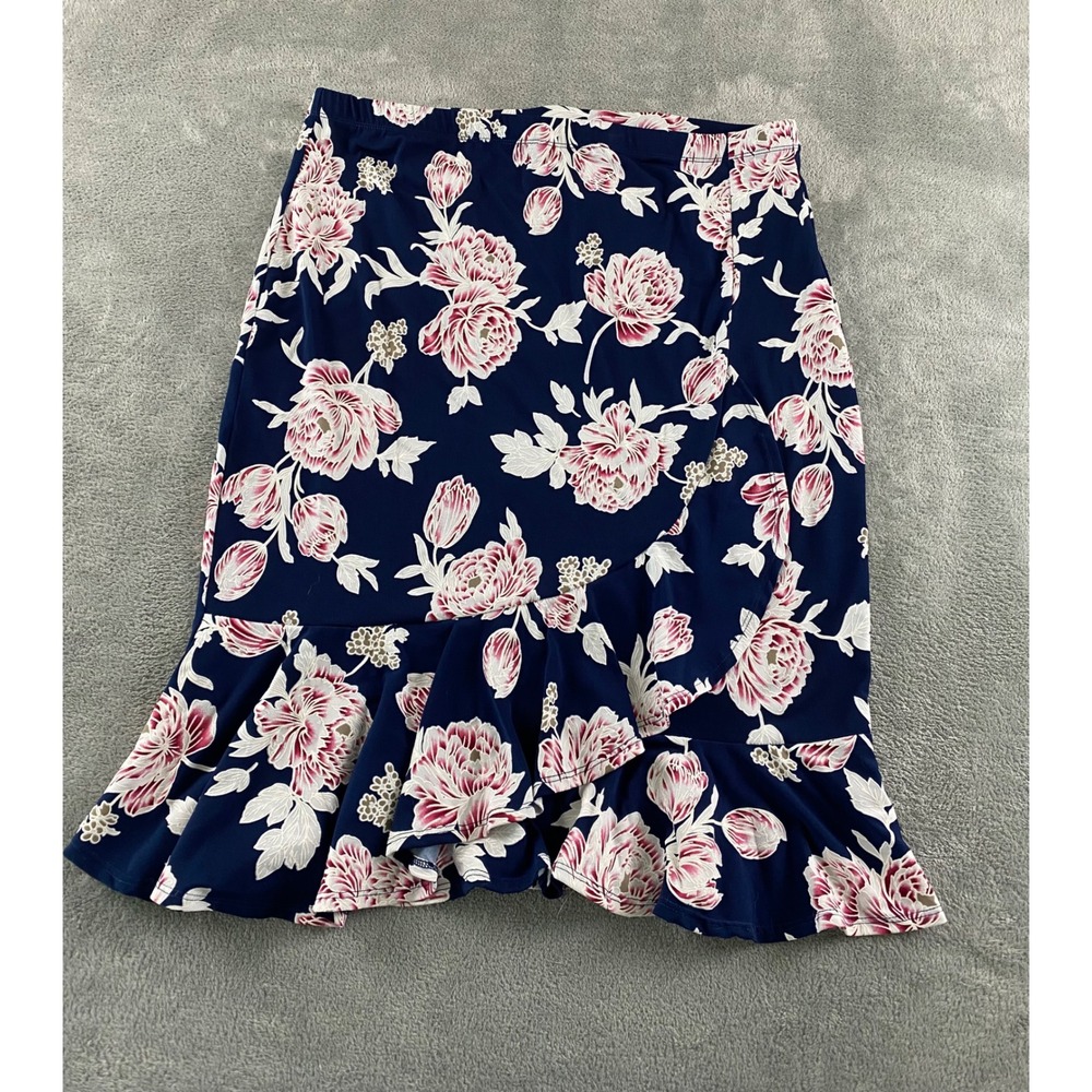 Jesse & J Womens 2X Navy Blue Pink Floral Ruffle Faux Wrap Midi Skirt Plus Size